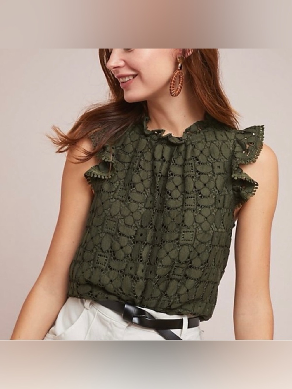 Maeve by Anthro Olive Green Lace Flutter Sleeve Top